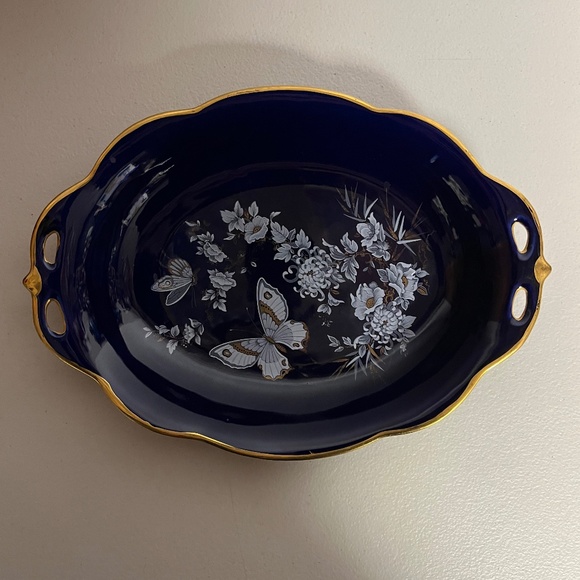 Arpo Romania Butterfly Porcelain Hand Painted Cobalt Blue Dish 10" Plate Candy